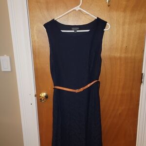 Connected Apparel Navy Midi Dress with Tan Belt